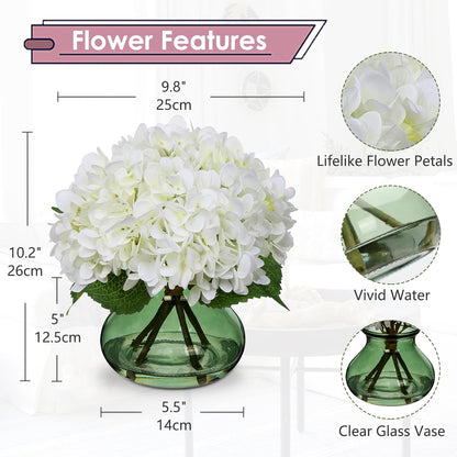 Hydrangea Artificial Flowers with Vase White Silk Fake Flowers Arrangements in Glass Vase with Faux Water for Home Bathroom Office Table Centerpiece Shelf Decorations