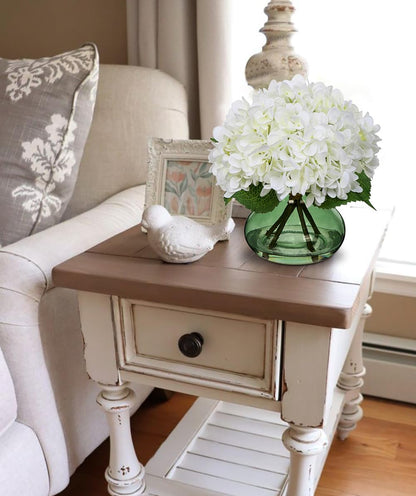 Hydrangea Artificial Flowers with Vase White Silk Fake Flowers Arrangements in Glass Vase with Faux Water for Home Bathroom Office Table Centerpiece Shelf Decorations