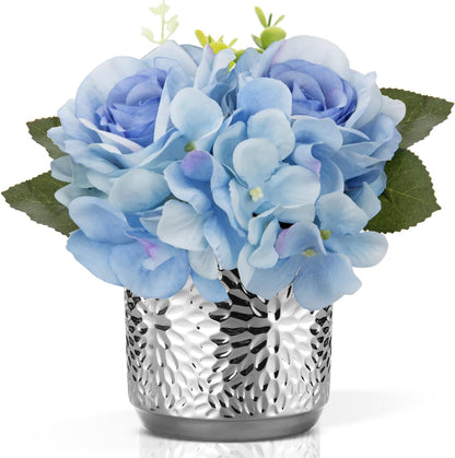Hydrangea Artificial Flowers with Vase White Silk Fake Flowers Arrangements in Glass Vase with Faux Water for Home Bathroom Office Table Centerpiece Shelf Decorations