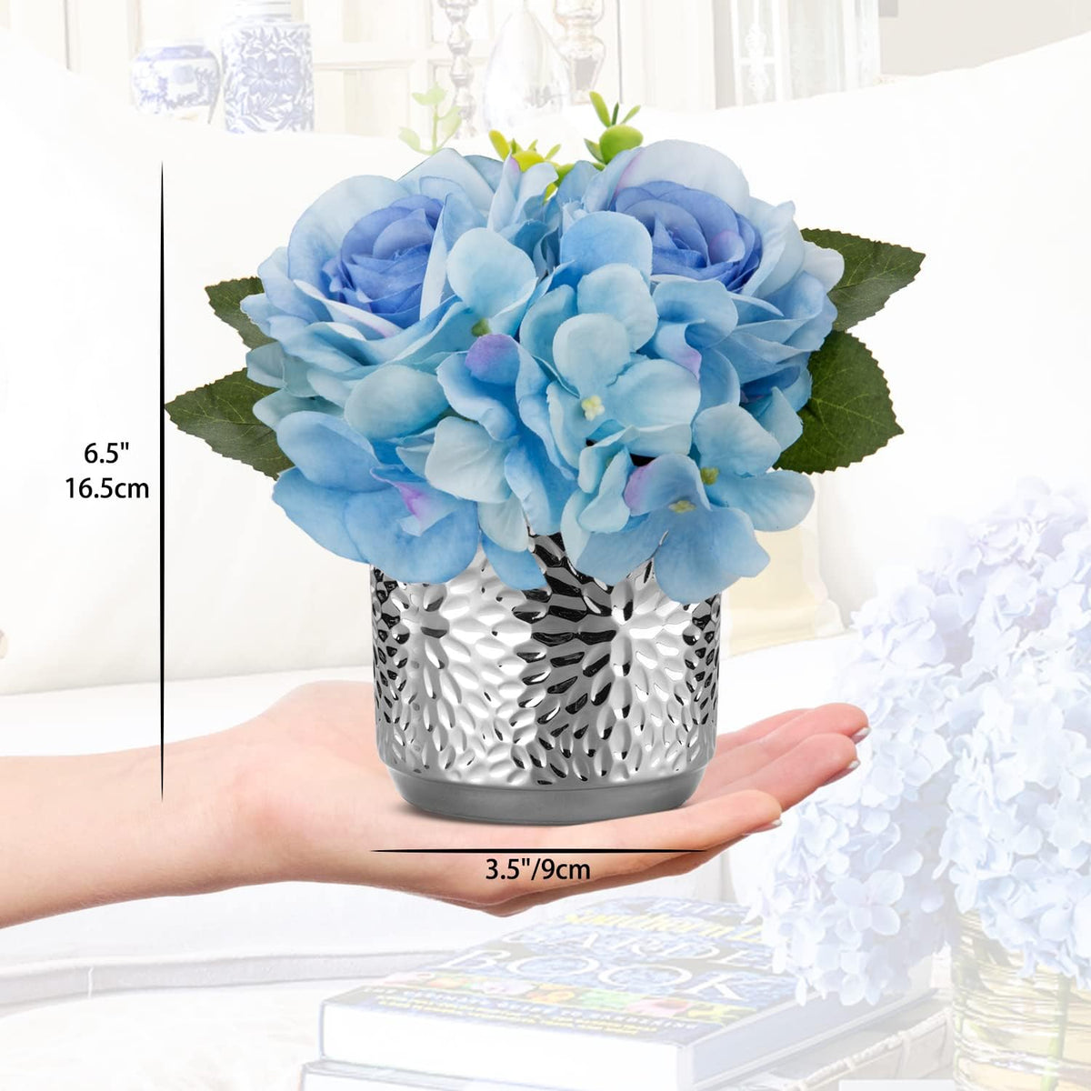 Hydrangea Artificial Flowers with Vase White Silk Fake Flowers Arrangements in Glass Vase with Faux Water for Home Bathroom Office Table Centerpiece Shelf Decorations