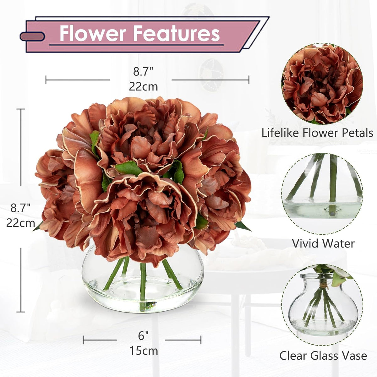Hydrangea Artificial Flowers with Vase White Silk Fake Flowers Arrangements in Glass Vase with Faux Water for Home Bathroom Office Table Centerpiece Shelf Decorations