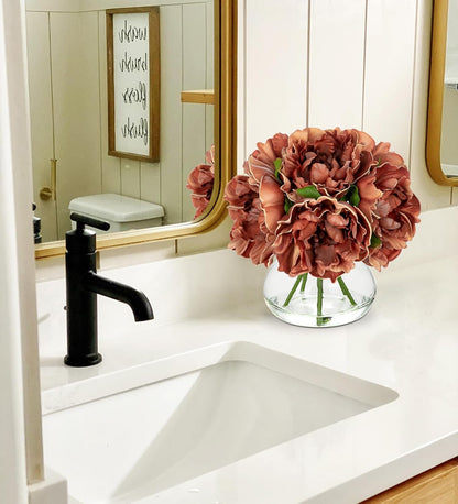 Hydrangea Artificial Flowers with Vase White Silk Fake Flowers Arrangements in Glass Vase with Faux Water for Home Bathroom Office Table Centerpiece Shelf Decorations