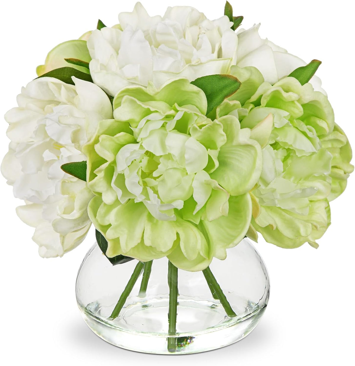 Hydrangea Artificial Flowers with Vase White Silk Fake Flowers Arrangements in Glass Vase with Faux Water for Home Bathroom Office Table Centerpiece Shelf Decorations