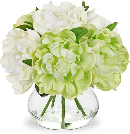 Hydrangea Artificial Flowers with Vase White Silk Fake Flowers Arrangements in Glass Vase with Faux Water for Home Bathroom Office Table Centerpiece Shelf Decorations