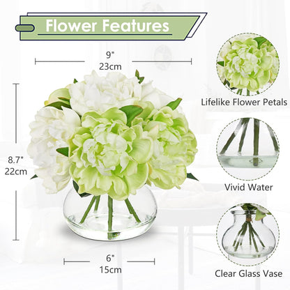 Hydrangea Artificial Flowers with Vase White Silk Fake Flowers Arrangements in Glass Vase with Faux Water for Home Bathroom Office Table Centerpiece Shelf Decorations