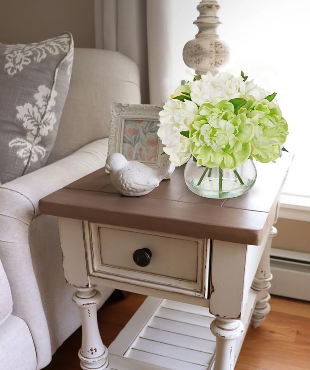 Hydrangea Artificial Flowers with Vase White Silk Fake Flowers Arrangements in Glass Vase with Faux Water for Home Bathroom Office Table Centerpiece Shelf Decorations