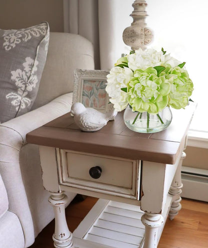 Hydrangea Artificial Flowers with Vase White Silk Fake Flowers Arrangements in Glass Vase with Faux Water for Home Bathroom Office Table Centerpiece Shelf Decorations