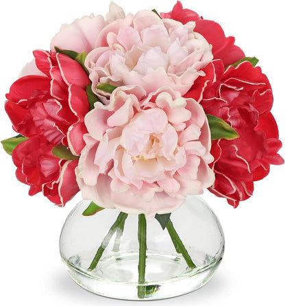 Hydrangea Artificial Flowers with Vase White Silk Fake Flowers Arrangements in Glass Vase with Faux Water for Home Bathroom Office Table Centerpiece Shelf Decorations