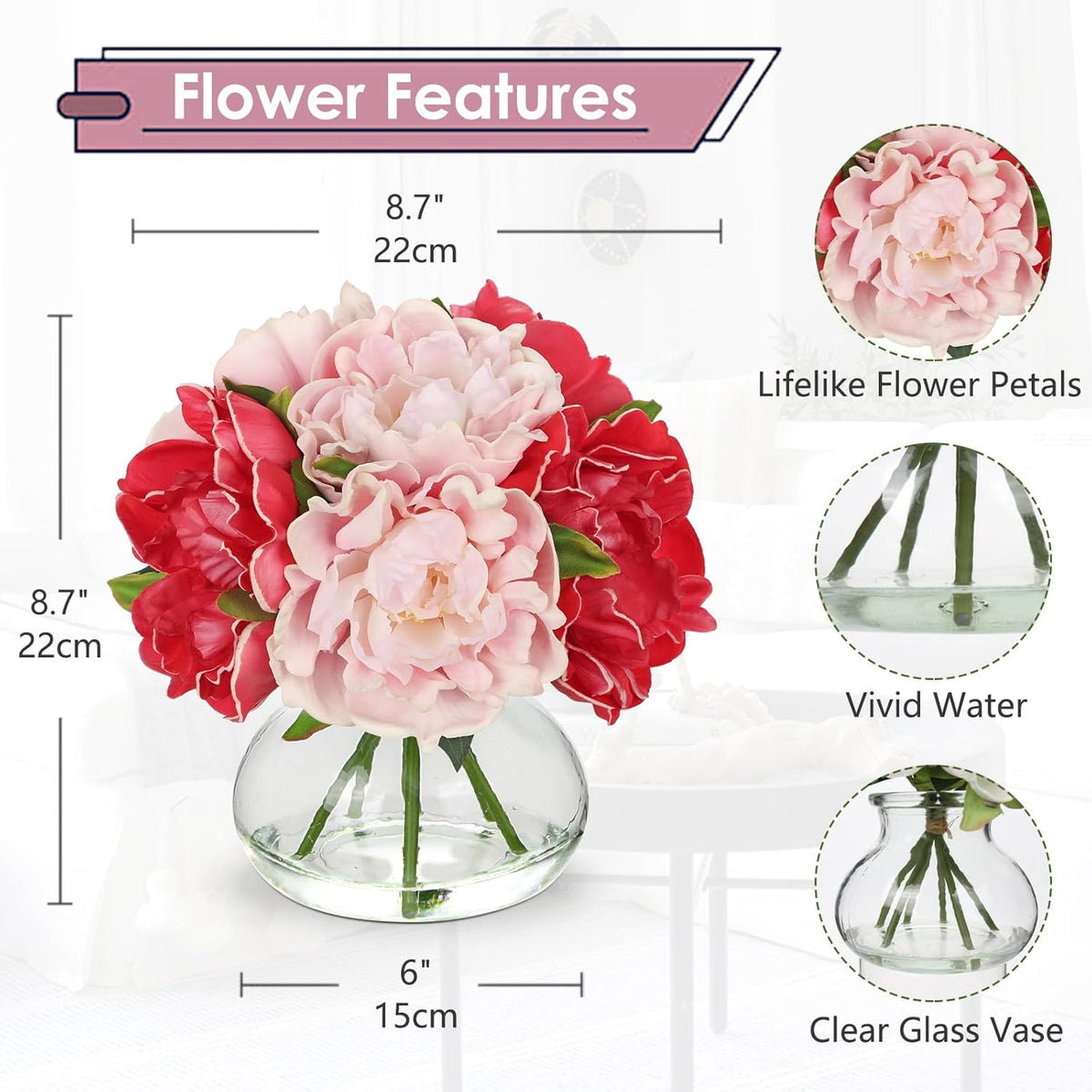 Hydrangea Artificial Flowers with Vase White Silk Fake Flowers Arrangements in Glass Vase with Faux Water for Home Bathroom Office Table Centerpiece Shelf Decorations