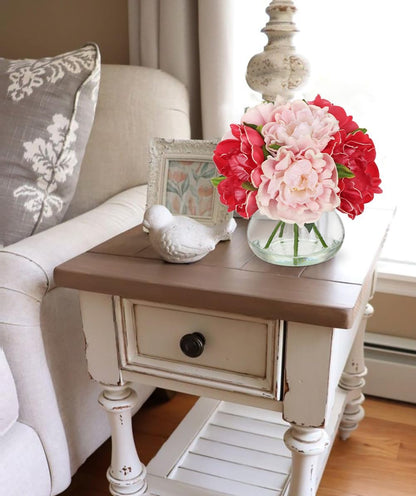 Hydrangea Artificial Flowers with Vase White Silk Fake Flowers Arrangements in Glass Vase with Faux Water for Home Bathroom Office Table Centerpiece Shelf Decorations