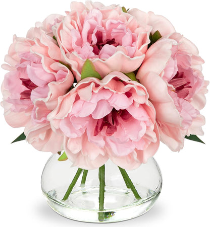 Hydrangea Artificial Flowers with Vase White Silk Fake Flowers Arrangements in Glass Vase with Faux Water for Home Bathroom Office Table Centerpiece Shelf Decorations