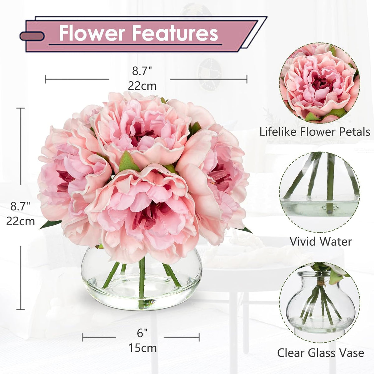 Hydrangea Artificial Flowers with Vase White Silk Fake Flowers Arrangements in Glass Vase with Faux Water for Home Bathroom Office Table Centerpiece Shelf Decorations