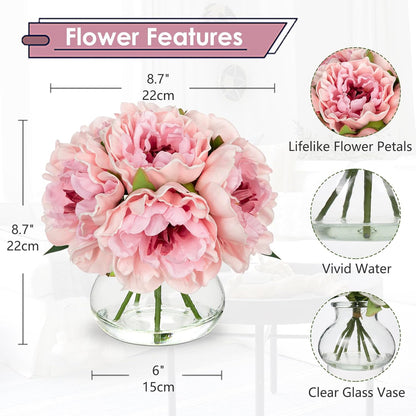 Hydrangea Artificial Flowers with Vase White Silk Fake Flowers Arrangements in Glass Vase with Faux Water for Home Bathroom Office Table Centerpiece Shelf Decorations