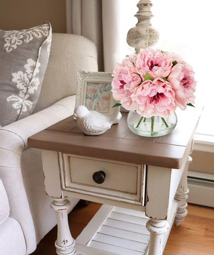 Hydrangea Artificial Flowers with Vase White Silk Fake Flowers Arrangements in Glass Vase with Faux Water for Home Bathroom Office Table Centerpiece Shelf Decorations