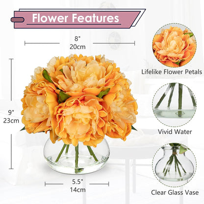 Hydrangea Artificial Flowers with Vase White Silk Fake Flowers Arrangements in Glass Vase with Faux Water for Home Bathroom Office Table Centerpiece Shelf Decorations
