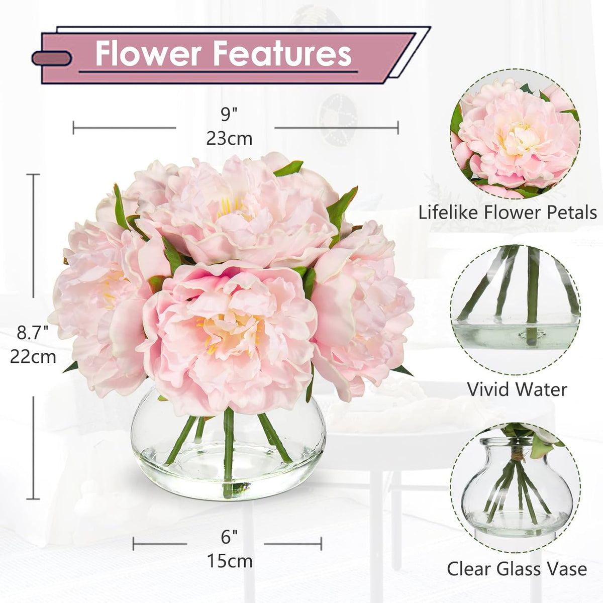Hydrangea Artificial Flowers with Vase White Silk Fake Flowers Arrangements in Glass Vase with Faux Water for Home Bathroom Office Table Centerpiece Shelf Decorations