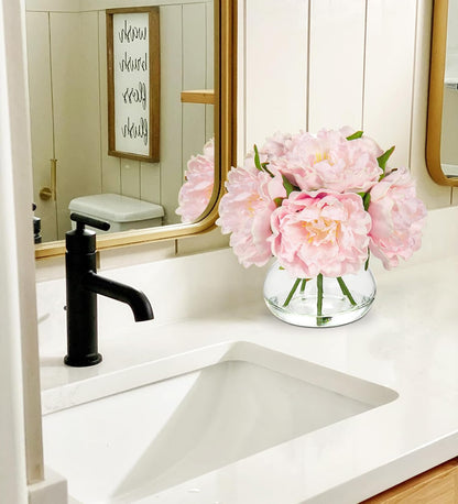 Hydrangea Artificial Flowers with Vase White Silk Fake Flowers Arrangements in Glass Vase with Faux Water for Home Bathroom Office Table Centerpiece Shelf Decorations