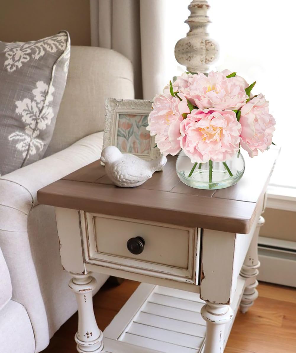 Hydrangea Artificial Flowers with Vase White Silk Fake Flowers Arrangements in Glass Vase with Faux Water for Home Bathroom Office Table Centerpiece Shelf Decorations