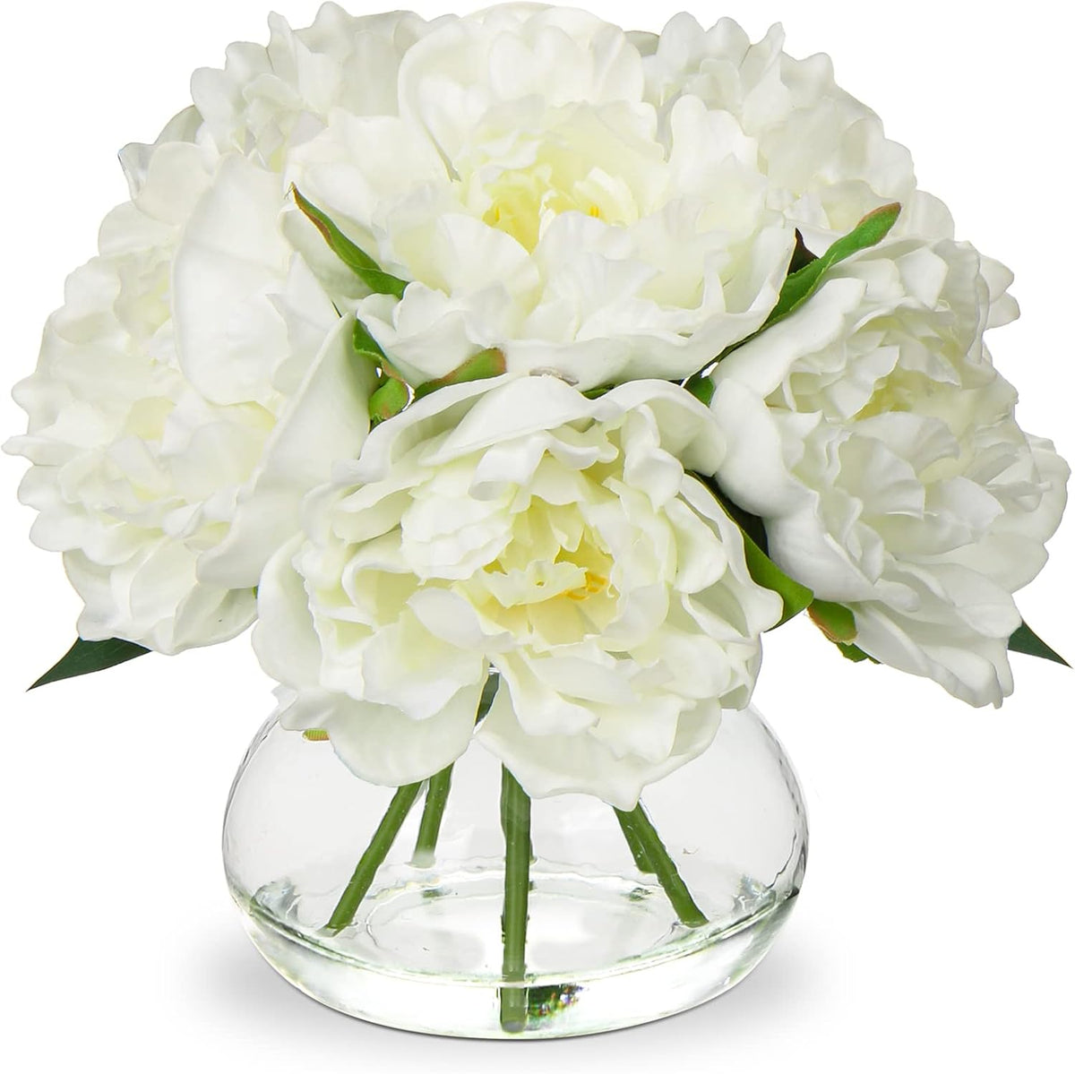 Hydrangea Artificial Flowers with Vase White Silk Fake Flowers Arrangements in Glass Vase with Faux Water for Home Bathroom Office Table Centerpiece Shelf Decorations