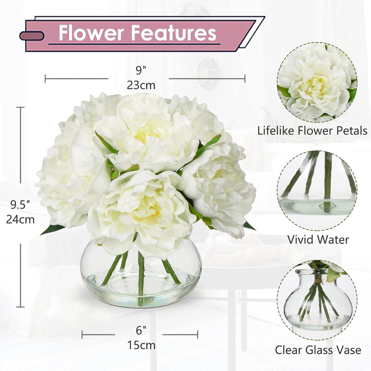 Hydrangea Artificial Flowers with Vase White Silk Fake Flowers Arrangements in Glass Vase with Faux Water for Home Bathroom Office Table Centerpiece Shelf Decorations