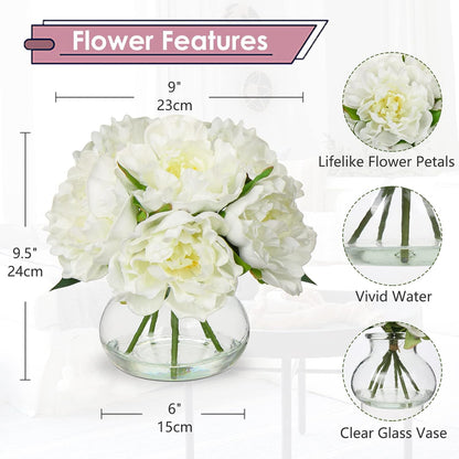 Hydrangea Artificial Flowers with Vase White Silk Fake Flowers Arrangements in Glass Vase with Faux Water for Home Bathroom Office Table Centerpiece Shelf Decorations