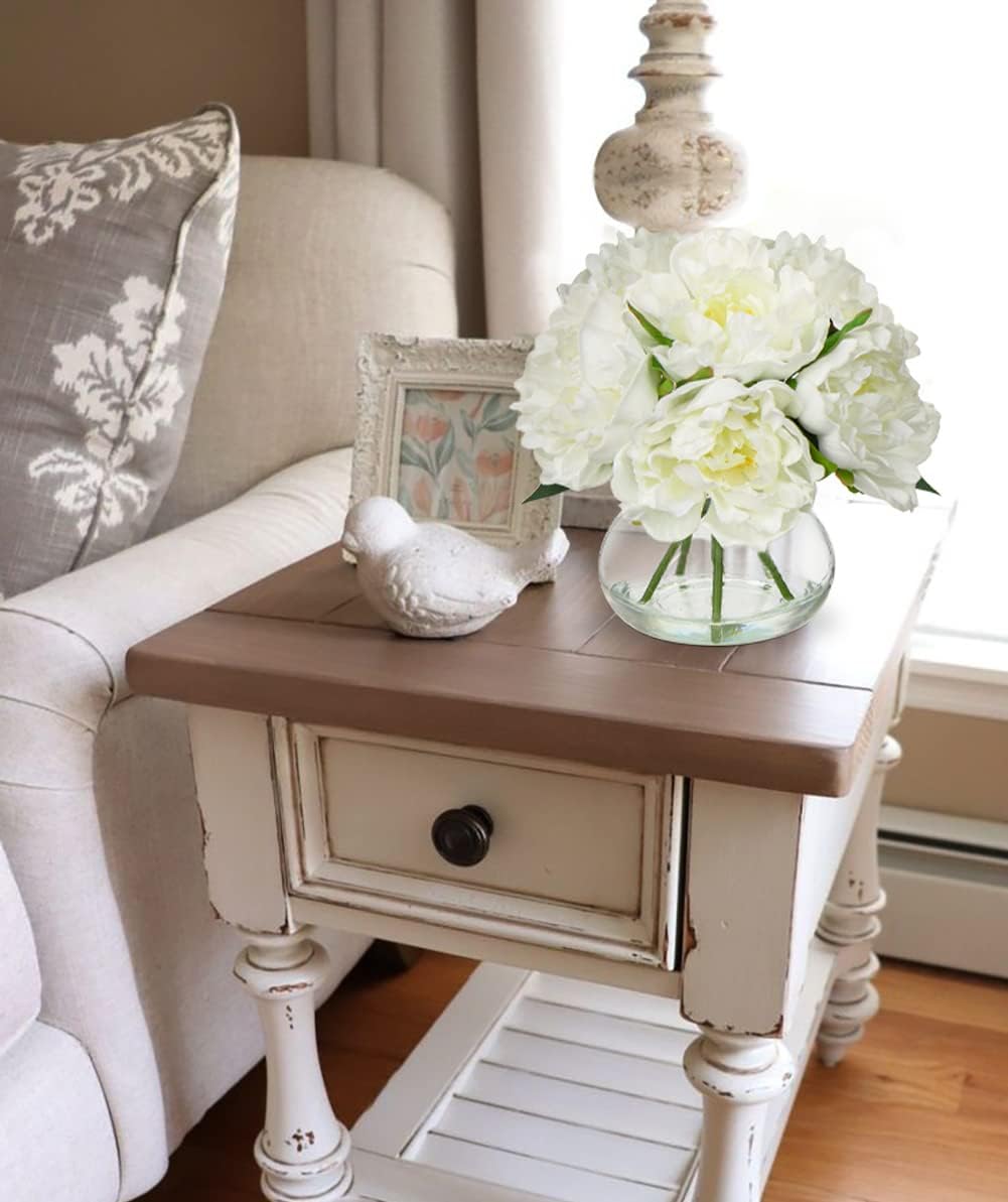 Hydrangea Artificial Flowers with Vase White Silk Fake Flowers Arrangements in Glass Vase with Faux Water for Home Bathroom Office Table Centerpiece Shelf Decorations