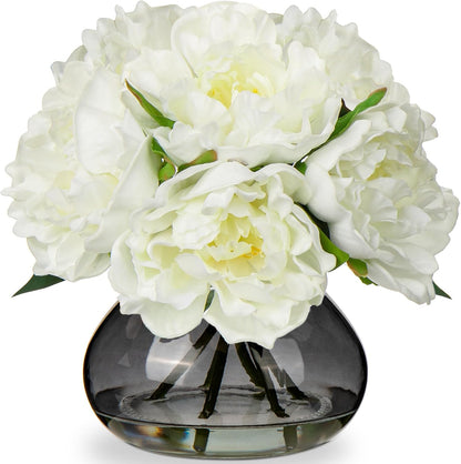 Hydrangea Artificial Flowers with Vase White Silk Fake Flowers Arrangements in Glass Vase with Faux Water for Home Bathroom Office Table Centerpiece Shelf Decorations
