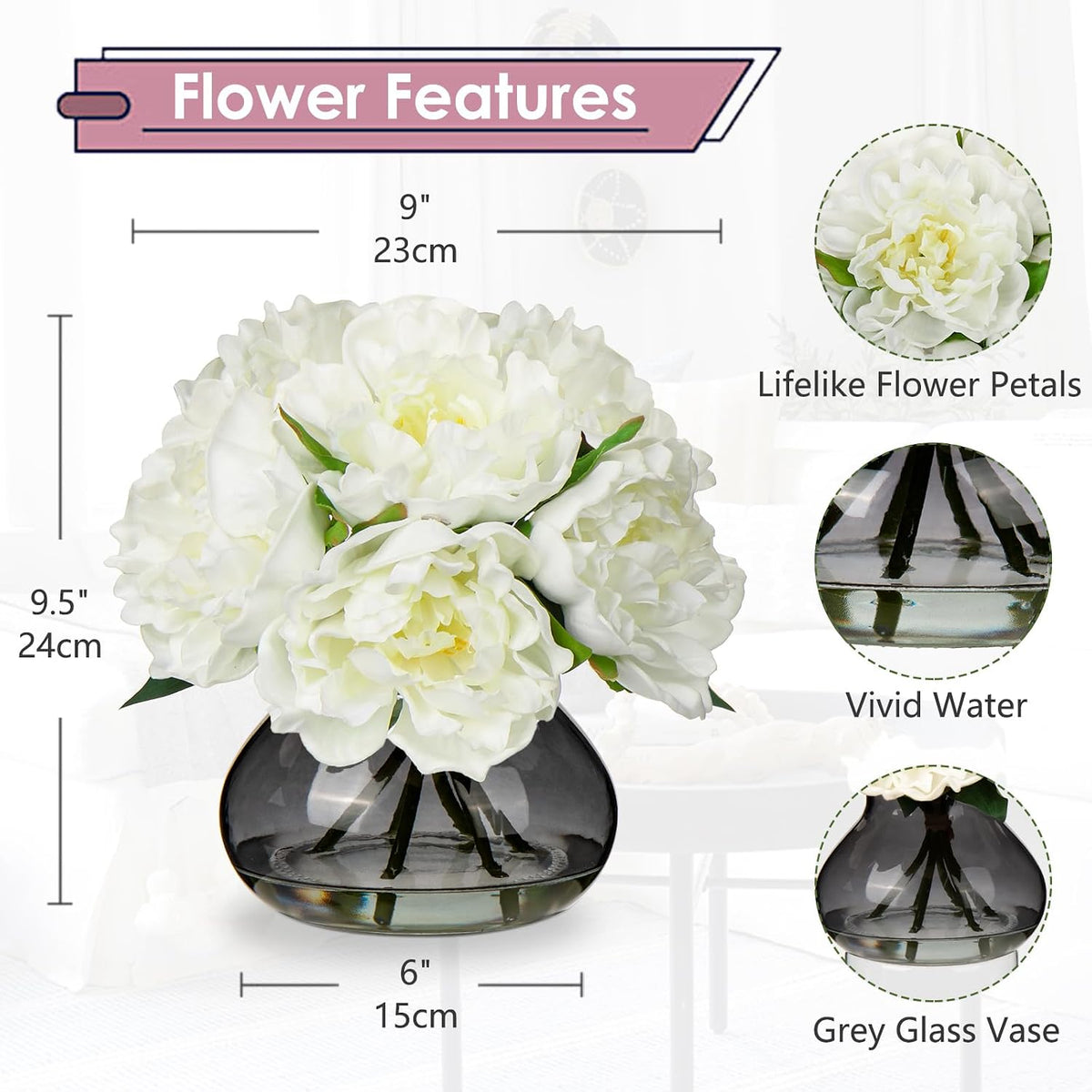 Hydrangea Artificial Flowers with Vase White Silk Fake Flowers Arrangements in Glass Vase with Faux Water for Home Bathroom Office Table Centerpiece Shelf Decorations