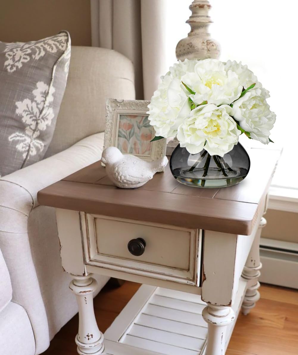 Hydrangea Artificial Flowers with Vase White Silk Fake Flowers Arrangements in Glass Vase with Faux Water for Home Bathroom Office Table Centerpiece Shelf Decorations