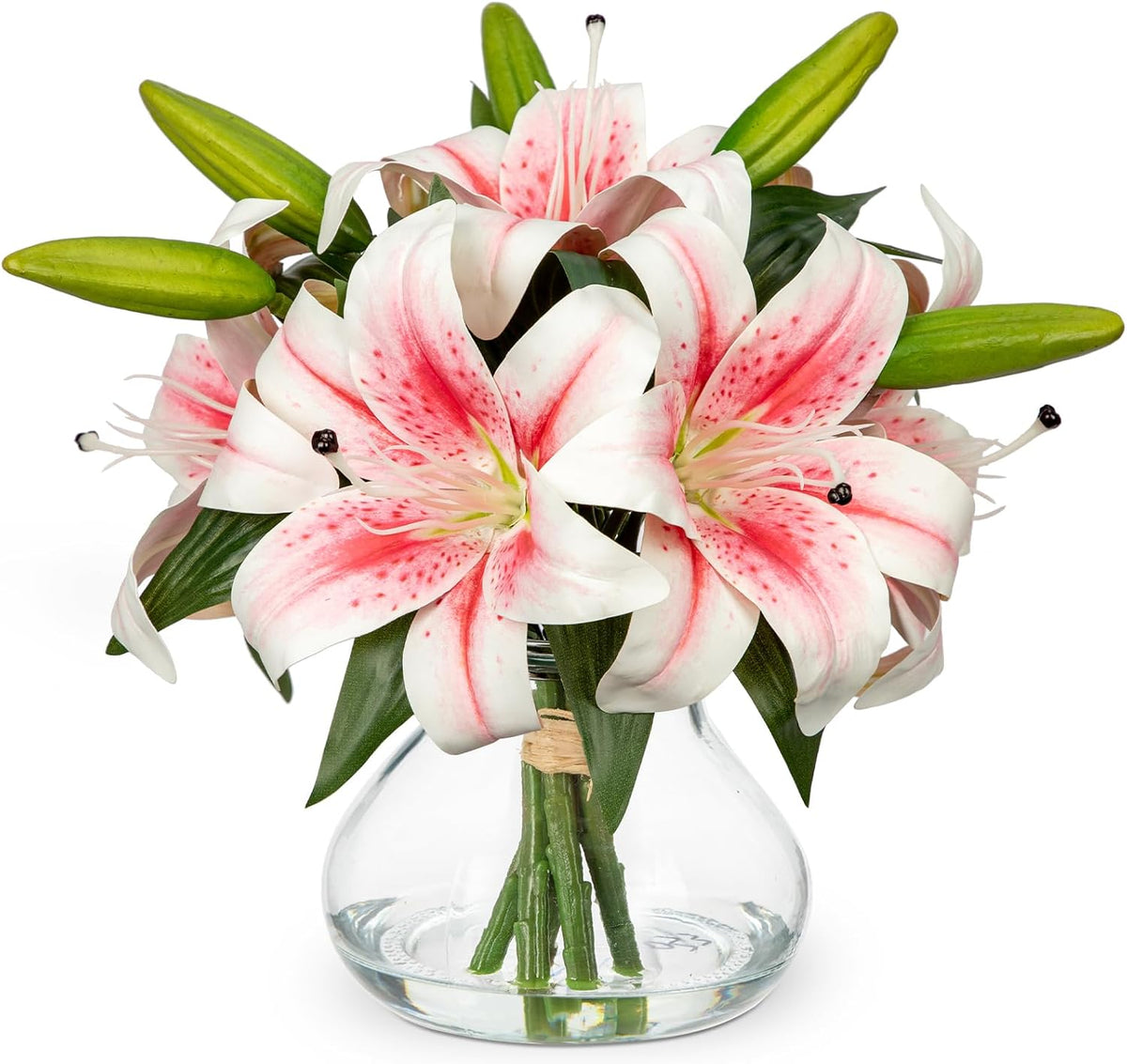 Hydrangea Artificial Flowers with Vase White Silk Fake Flowers Arrangements in Glass Vase with Faux Water for Home Bathroom Office Table Centerpiece Shelf Decorations