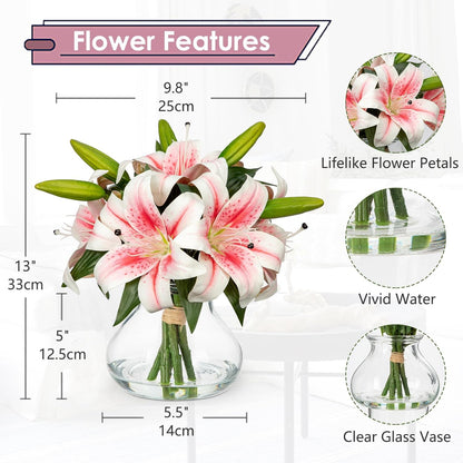 Hydrangea Artificial Flowers with Vase White Silk Fake Flowers Arrangements in Glass Vase with Faux Water for Home Bathroom Office Table Centerpiece Shelf Decorations