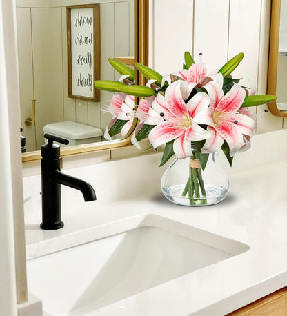 Hydrangea Artificial Flowers with Vase White Silk Fake Flowers Arrangements in Glass Vase with Faux Water for Home Bathroom Office Table Centerpiece Shelf Decorations