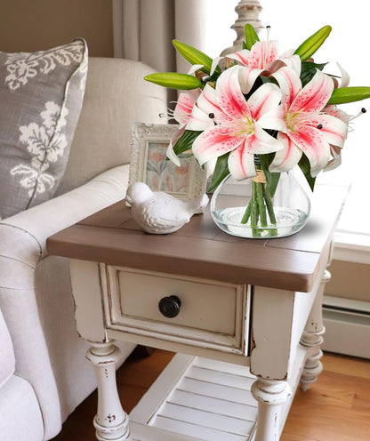Hydrangea Artificial Flowers with Vase White Silk Fake Flowers Arrangements in Glass Vase with Faux Water for Home Bathroom Office Table Centerpiece Shelf Decorations