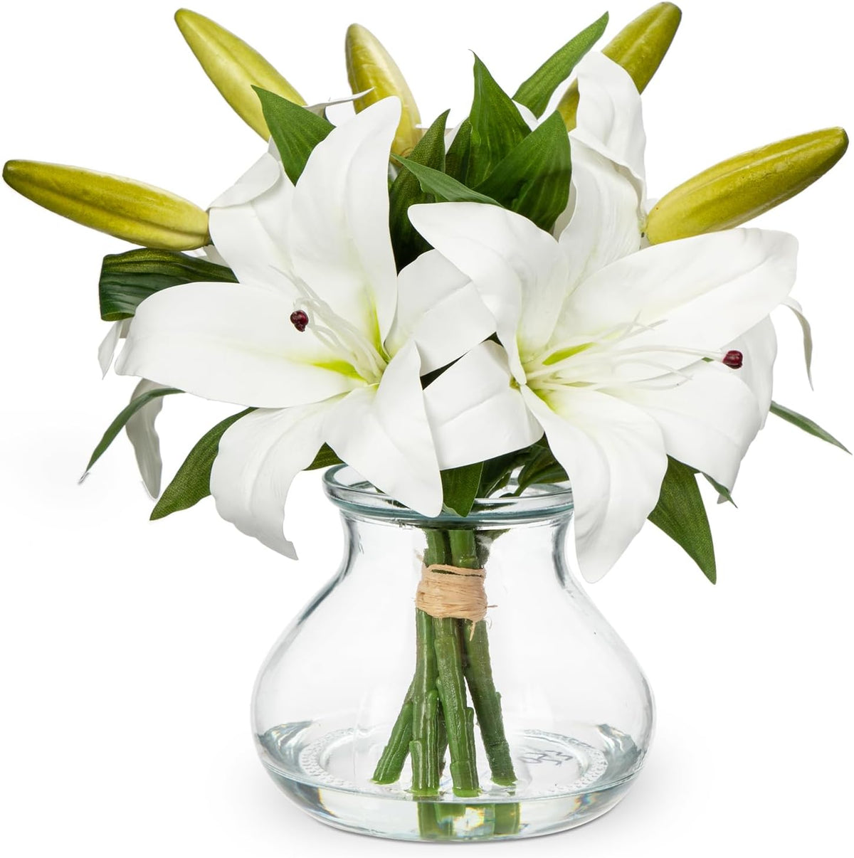 Hydrangea Artificial Flowers with Vase White Silk Fake Flowers Arrangements in Glass Vase with Faux Water for Home Bathroom Office Table Centerpiece Shelf Decorations