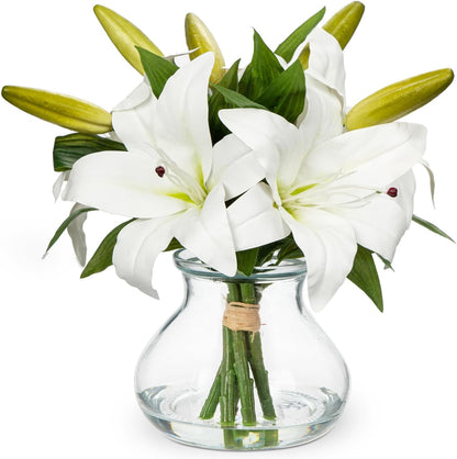 Hydrangea Artificial Flowers with Vase White Silk Fake Flowers Arrangements in Glass Vase with Faux Water for Home Bathroom Office Table Centerpiece Shelf Decorations