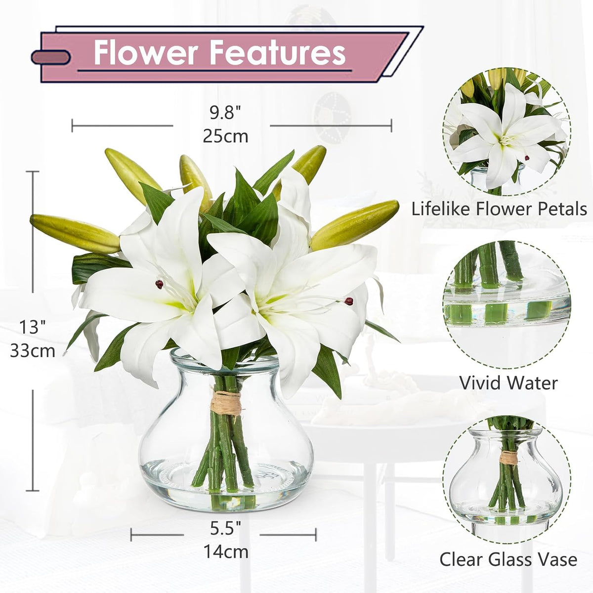 Hydrangea Artificial Flowers with Vase White Silk Fake Flowers Arrangements in Glass Vase with Faux Water for Home Bathroom Office Table Centerpiece Shelf Decorations