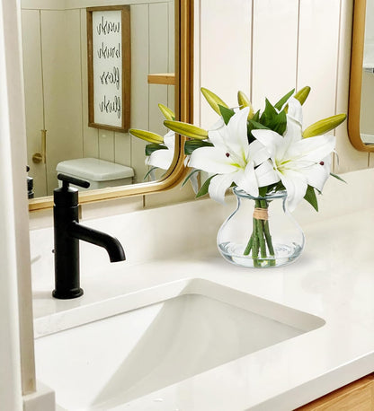 Hydrangea Artificial Flowers with Vase White Silk Fake Flowers Arrangements in Glass Vase with Faux Water for Home Bathroom Office Table Centerpiece Shelf Decorations
