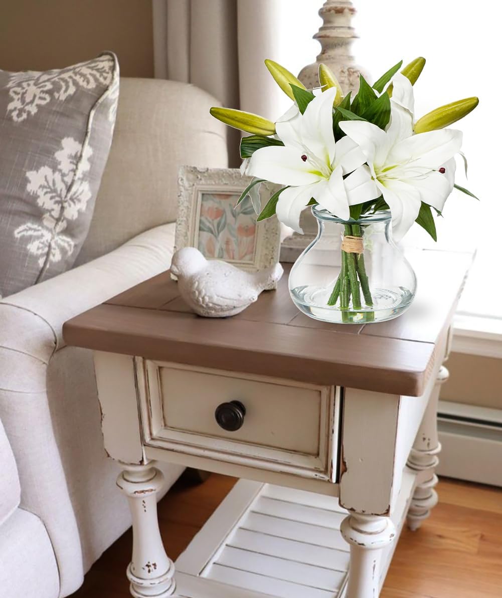 Hydrangea Artificial Flowers with Vase White Silk Fake Flowers Arrangements in Glass Vase with Faux Water for Home Bathroom Office Table Centerpiece Shelf Decorations