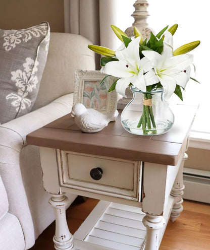 Hydrangea Artificial Flowers with Vase White Silk Fake Flowers Arrangements in Glass Vase with Faux Water for Home Bathroom Office Table Centerpiece Shelf Decorations