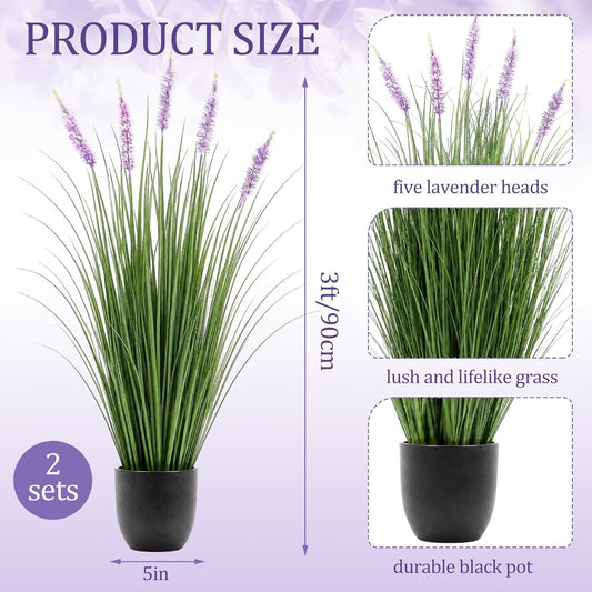 2 Pieces Faux Plants Outdoor 3 ft Tall Artificial Lavender Plant Potted Artificial Lavender Faux Greenery Floor Flowers for Housewarming Gift House Garden Bathroom Lobby Outdoor