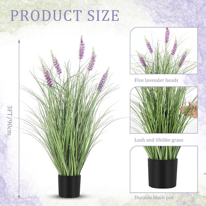 2 Pieces Faux Plants Outdoor 3 ft Tall Artificial Lavender Plant Potted Artificial Lavender Faux Greenery Floor Flowers for Housewarming Gift House Garden Bathroom Lobby Outdoor