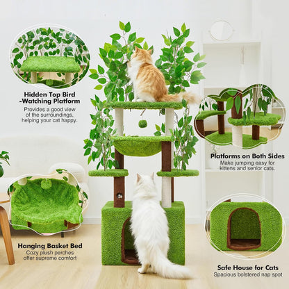 60 inch Cat Tree with Leaves for Climbing, Hiding and Sleeping Cat Tower with Hammock, Scratching Post and Large Cat House