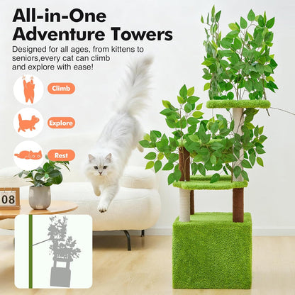 60 inch Cat Tree with Leaves for Climbing, Hiding and Sleeping Cat Tower with Hammock, Scratching Post and Large Cat House