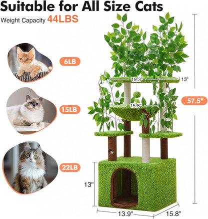 60 inch Cat Tree with Leaves for Climbing, Hiding and Sleeping Cat Tower with Hammock, Scratching Post and Large Cat House