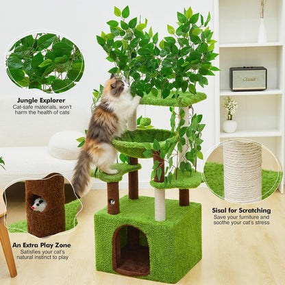 60 inch Cat Tree with Leaves for Climbing, Hiding and Sleeping Cat Tower with Hammock, Scratching Post and Large Cat House