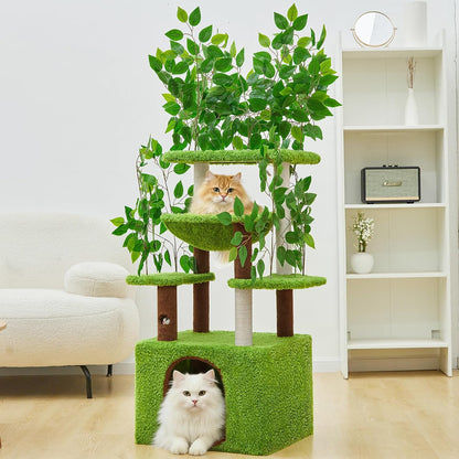 60 inch Cat Tree with Leaves for Climbing, Hiding and Sleeping Cat Tower with Hammock, Scratching Post and Large Cat House