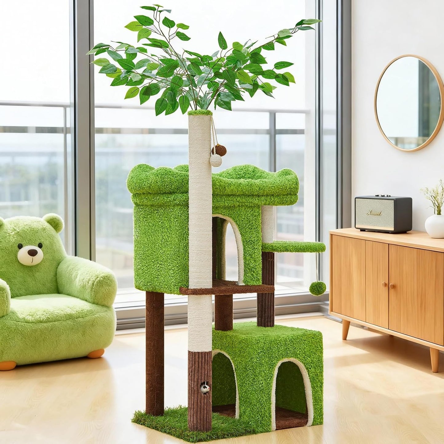 60 inch Cat Tree with Leaves for Climbing, Hiding and Sleeping Cat Tower with Hammock, Scratching Post and Large Cat House