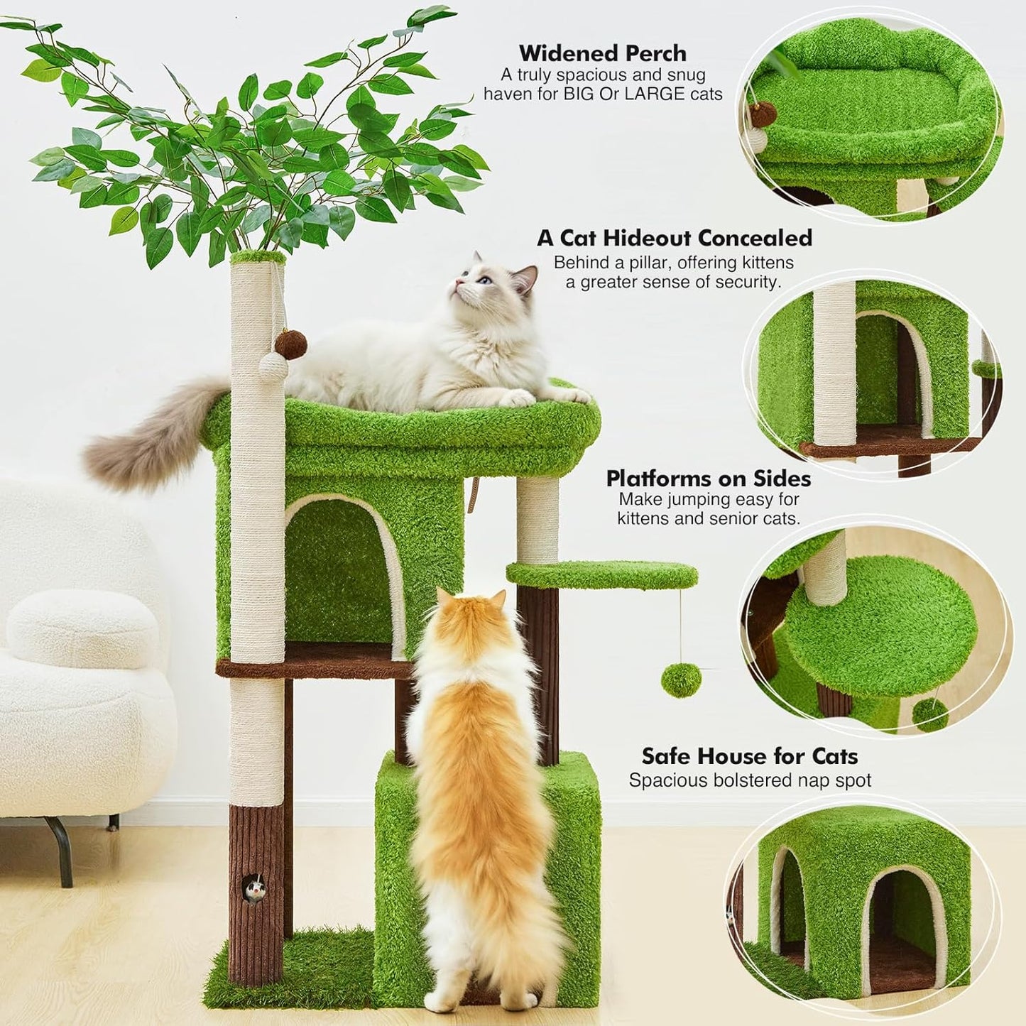 60 inch Cat Tree with Leaves for Climbing, Hiding and Sleeping Cat Tower with Hammock, Scratching Post and Large Cat House