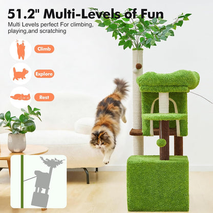 60 inch Cat Tree with Leaves for Climbing, Hiding and Sleeping Cat Tower with Hammock, Scratching Post and Large Cat House