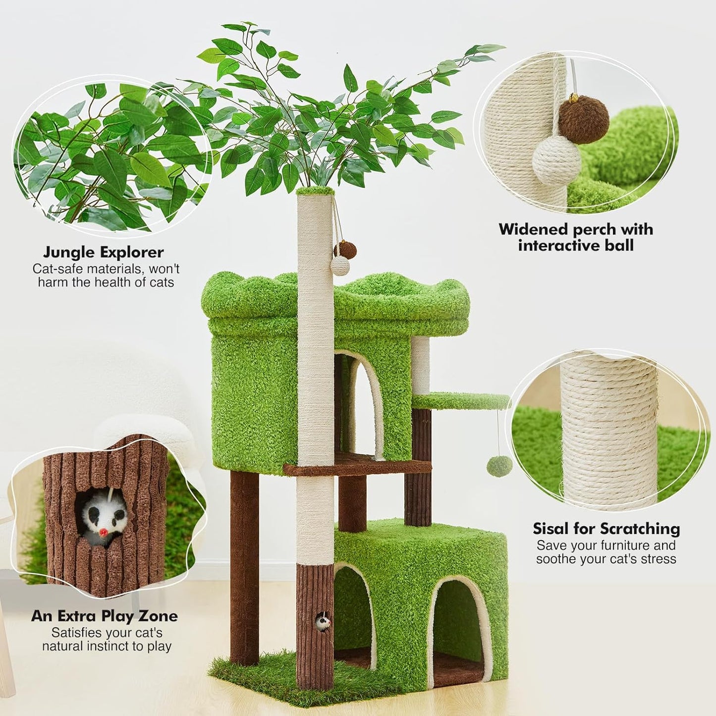 60 inch Cat Tree with Leaves for Climbing, Hiding and Sleeping Cat Tower with Hammock, Scratching Post and Large Cat House